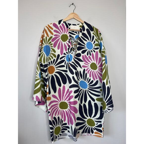 NEW Cala de la Cruz Turin Linen Bell Sleeve Floral Mini Dress Multi Color Size:L - Picture 2 of 8